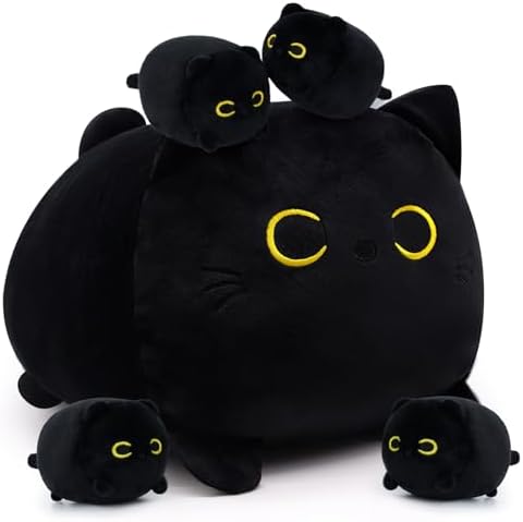 Black Cat Plushie Toy with 4 Baby Kittens