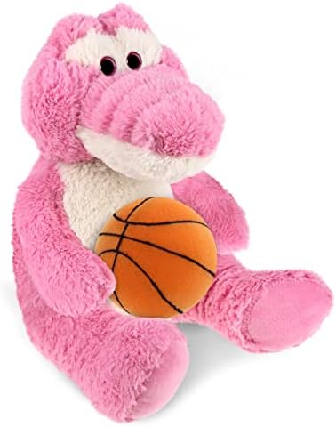 DolliBu Sitting Pink Alligator Plush with Basketball - 10 Inches