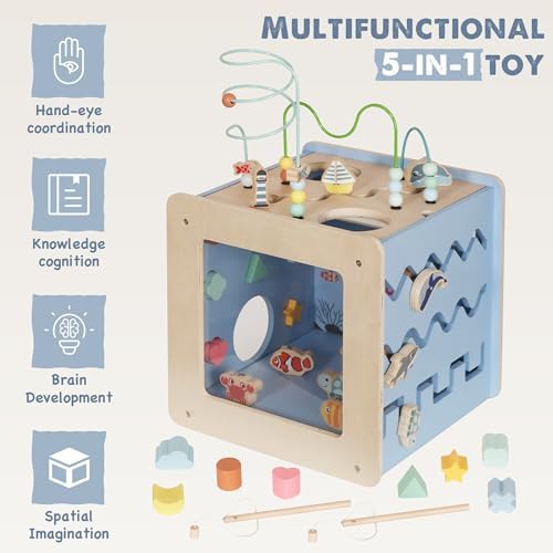 Buoyantkids 7-in-1 Wooden Activity Cube for Toddlers 1-3