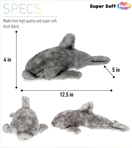 DolliBu Plush Dolphin Toy - 125 Inch Grey Huggable Stuffed Animal