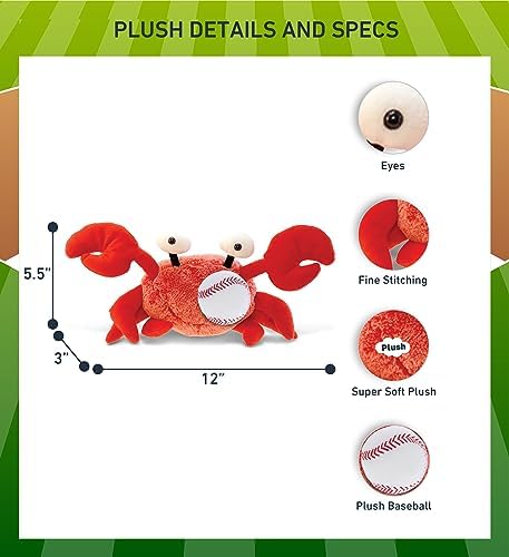 DolliBu Red Crab Stuffed Animal with Baseball - 12 Inches