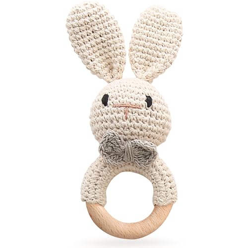 TUOWITA Wooden Baby Rattle with Teething Ring