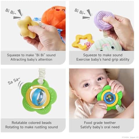 TUMAMA Hanging Baby Toys 4 Pack with Rattle and Teether