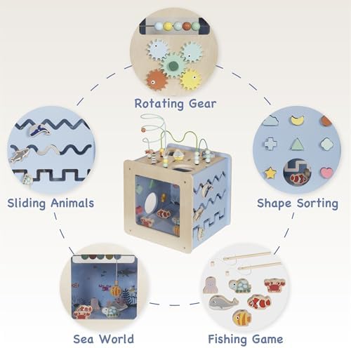 Buoyantkids 7-in-1 Wooden Activity Cube for Toddlers 1-3