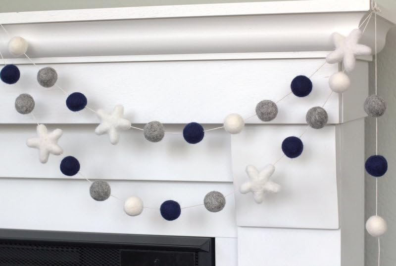 Felt Ball Star Garland - 1 Balls 2 Stars Navy Gray White