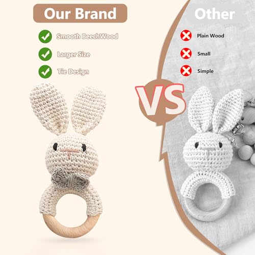 TUOWITA Wooden Baby Rattle with Teething Ring
