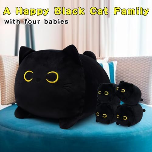 Black Cat Plushie Toy with 4 Baby Kittens