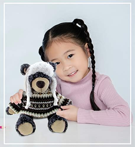 DolliBu Plush Black Bear with Hat and Sweater - 9 Inches
