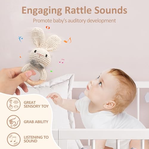 TUOWITA Wooden Baby Rattle with Teething Ring