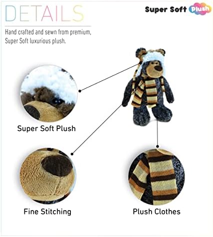 DolliBu Plush Black Bear Stuffed Animal - 11 Inches with Hat and Scarf