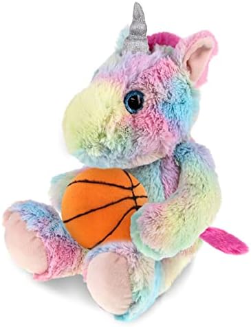 DolliBu Sitting Rainbow Unicorn Plush with Basketball - 10 Inches