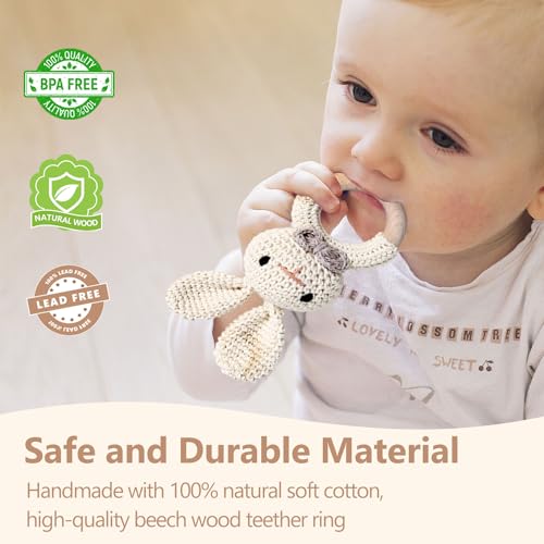 TUOWITA Wooden Baby Rattle with Teething Ring