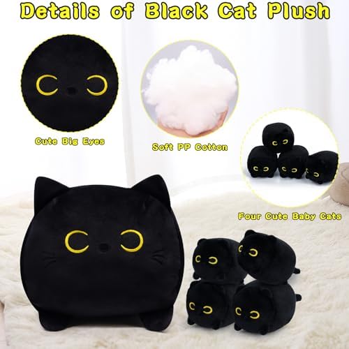 Black Cat Plushie Toy with 4 Baby Kittens