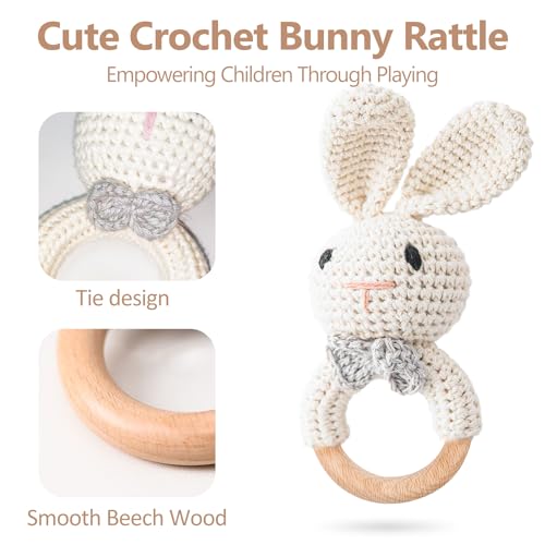 TUOWITA Wooden Baby Rattle with Teething Ring