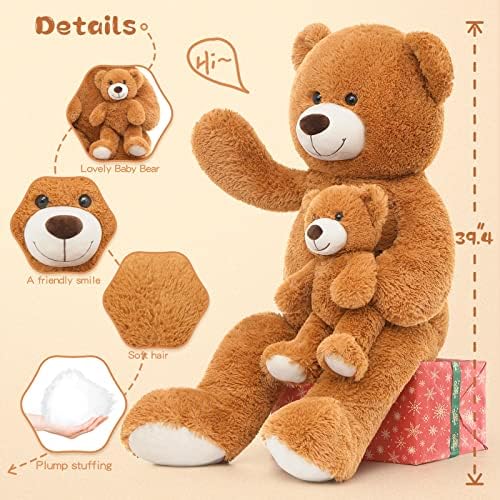 Tezituor Giant Stuffed Animal 39in Brown Teddy Bear Mommy With Baby