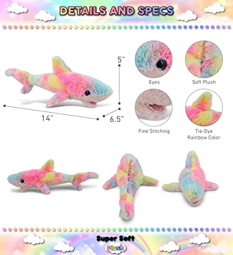 DolliBu Rainbow Shark Plush Toy - 14 Inches