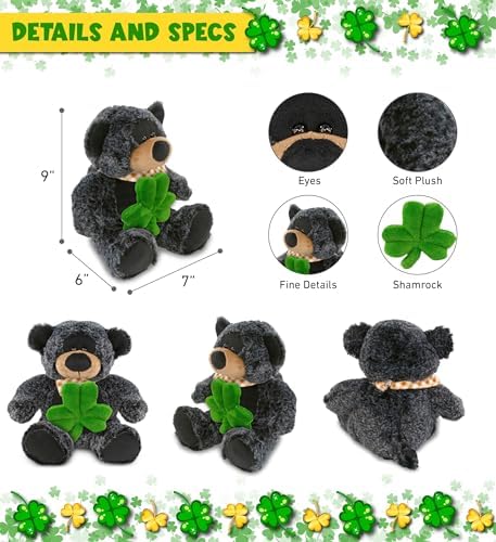 DolliBu 9 Inch Sitting Black Bear Plush with Shamrock