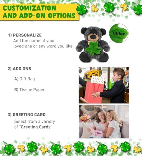DolliBu 9 Inch Sitting Black Bear Plush with Shamrock