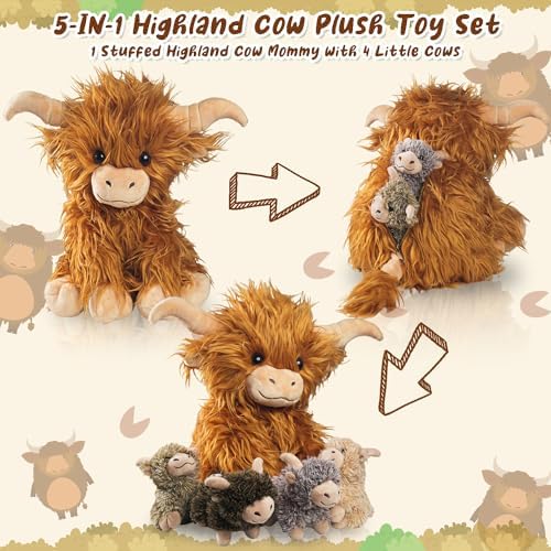 5 Pcs Highland Cow Plush Set with 4 Babies
