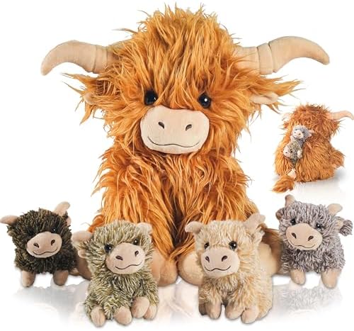 5 Pcs Highland Cow Plush Set with 4 Babies