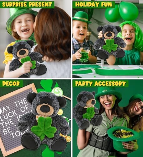 DolliBu 9 Inch Sitting Black Bear Plush with Shamrock