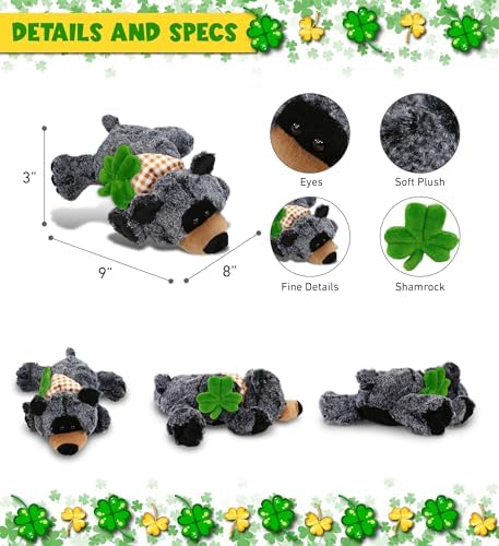 DolliBu 9 Inch Lying Black Bear Plush with Green Shamrock