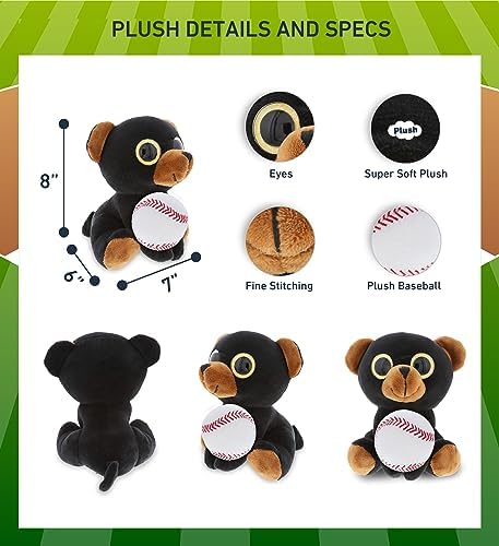 DolliBu Sparkling Eyes Black Bear with Baseball Plush - 8 Inch