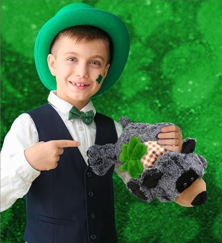 DolliBu 9 Inch Lying Black Bear Plush with Green Shamrock
