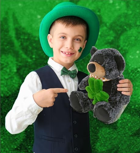 DolliBu 9 Inch Sitting Black Bear Plush with Shamrock