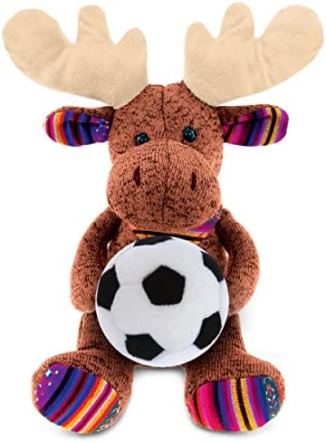 DolliBu Sitting Brown Moose Plush with Soccer Ball - 11 Inches