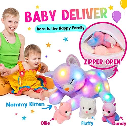 Hopearl LED Plush Cat Night Light Playset with 3 Baby Kittens