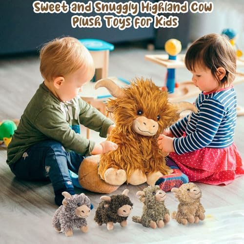 5 Pcs Highland Cow Plush Set with 4 Babies