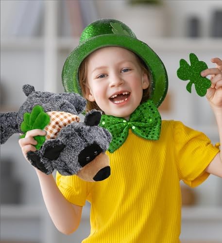 DolliBu 9 Inch Lying Black Bear Plush with Green Shamrock