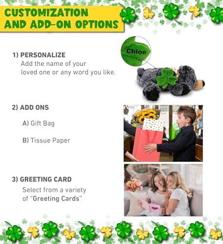 DolliBu 9 Inch Lying Black Bear Plush with Green Shamrock