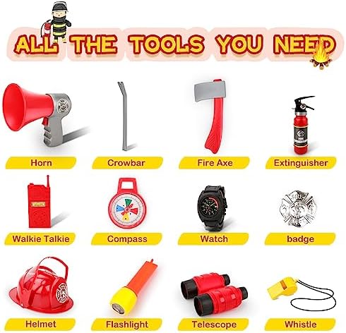 deAO Fireman Costume Kids 13 Pcs Dress Up Set