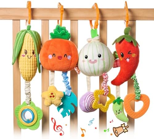 TUMAMA Hanging Baby Toys 4 Pack with Rattle and Teether