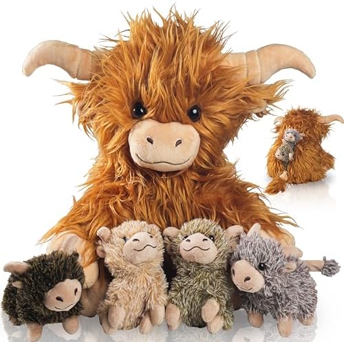 5 Pcs Highland Cow Plush Set with 4 Babies