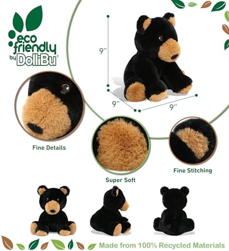 DolliBu Black Bear Plush Toy - 9 Inches Soft Huggable