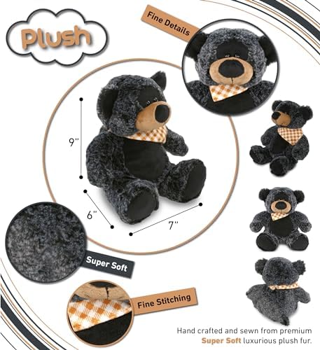 DolliBu Plush Black Bear Stuffed Animal - 8 Inch Huggable