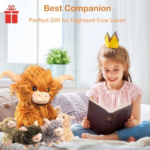 5 Pcs Highland Cow Plush Set with 4 Babies