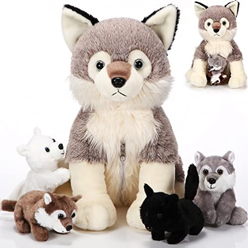 Honoson 5 Pcs Wolf Plush Toy Set with 4 Cute Babies