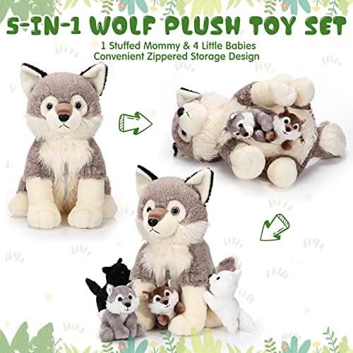 Honoson 5 Pcs Wolf Plush Toy Set with 4 Cute Babies