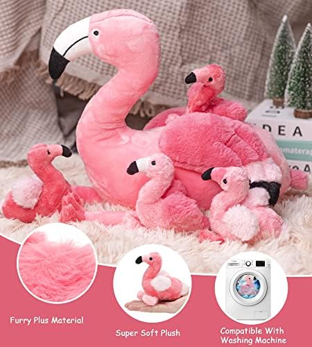 21 Inch Flamingo Plush Toy with 4 Babies - Soft Cute Machine Washable