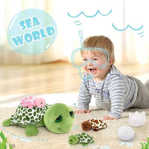 MorisMos Sea Turtle Plush Family Toy with Zipper Belly