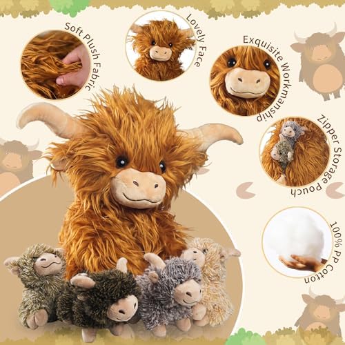5 Pcs Highland Cow Plush Set with 4 Babies