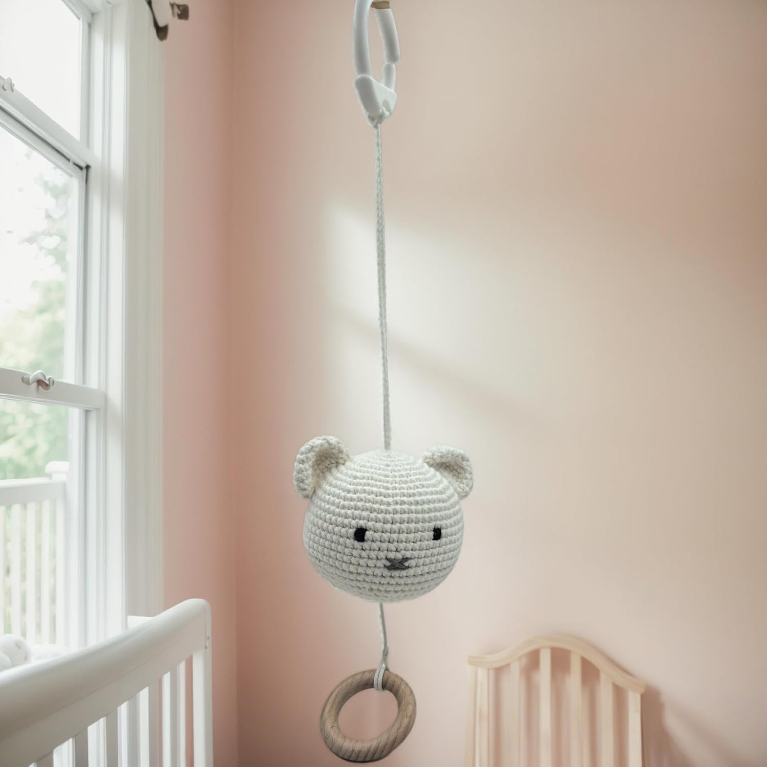 BBYP Musical Pull Toy with Wooden Teether and Crochet Bear Head