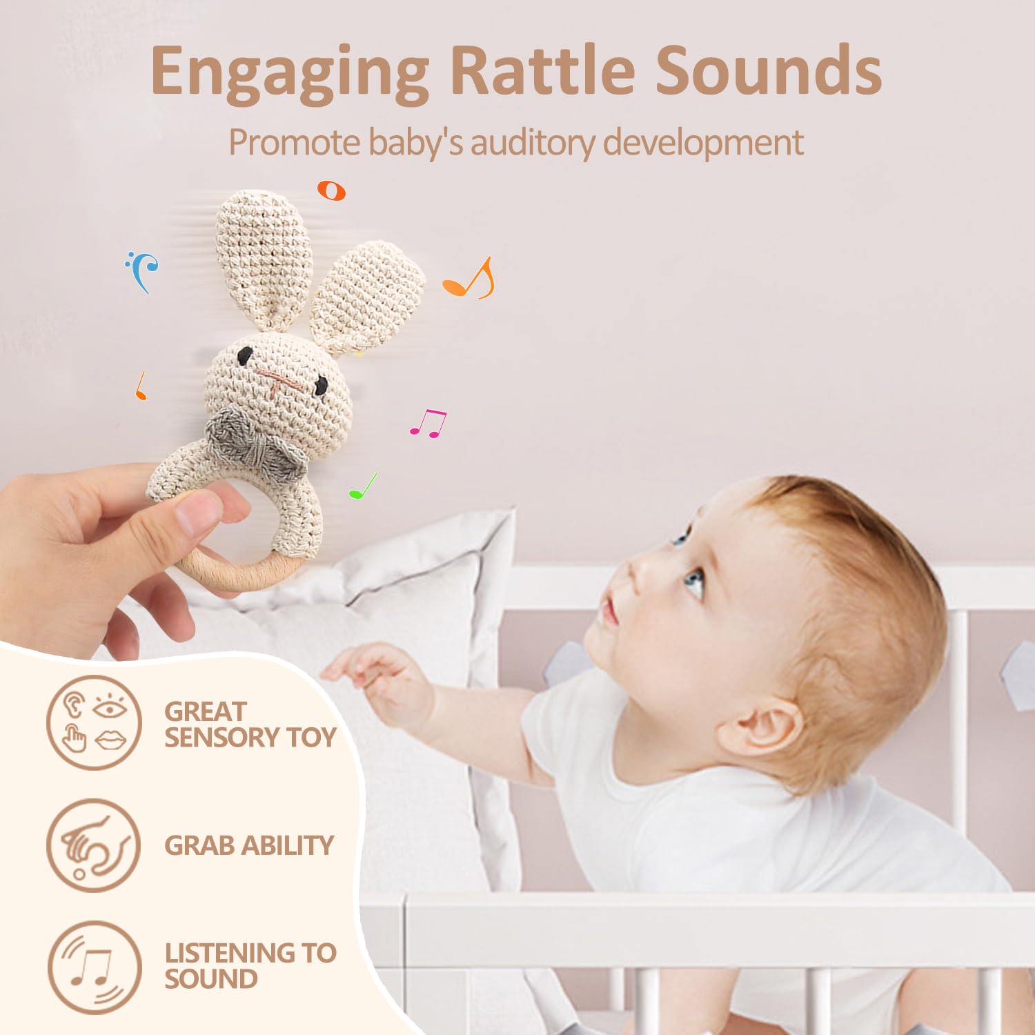 TUOWITA Wooden Baby Rattle with Teething Ring