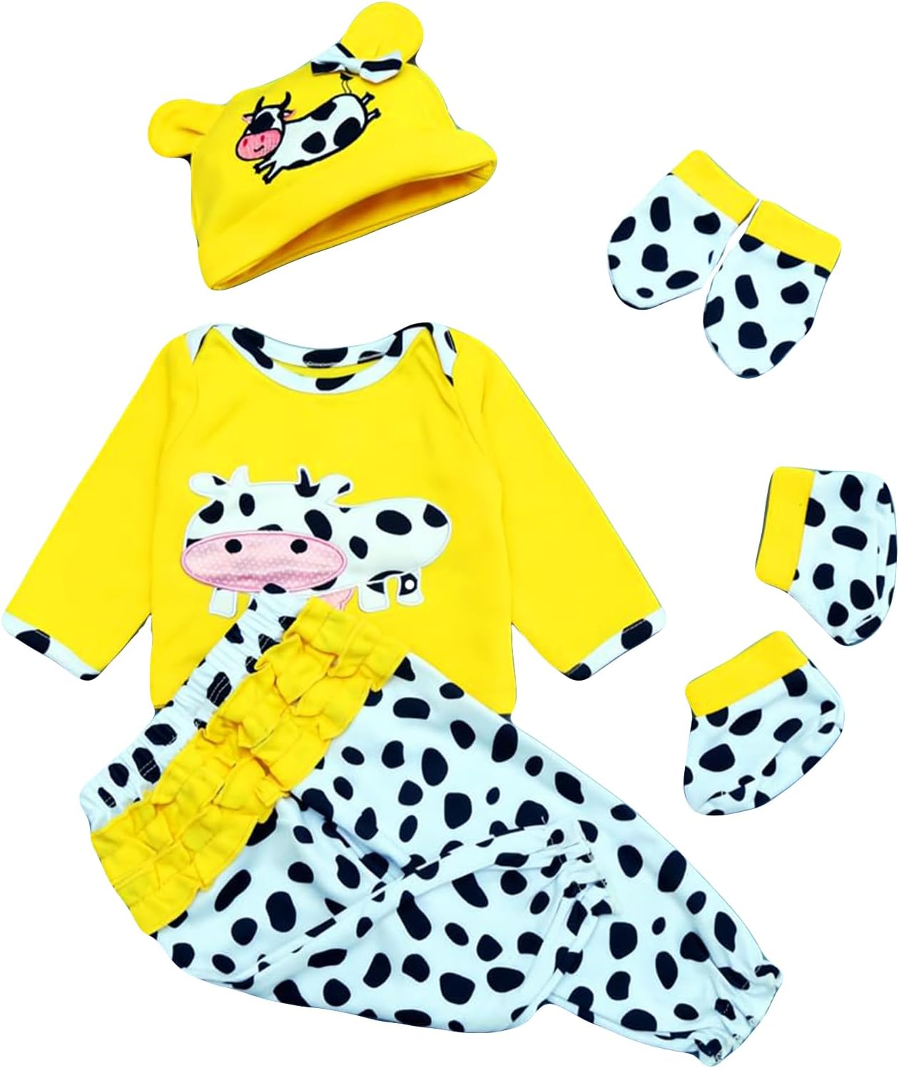 Yellow Cow Reborn Baby Doll 5pcs Outfit Set