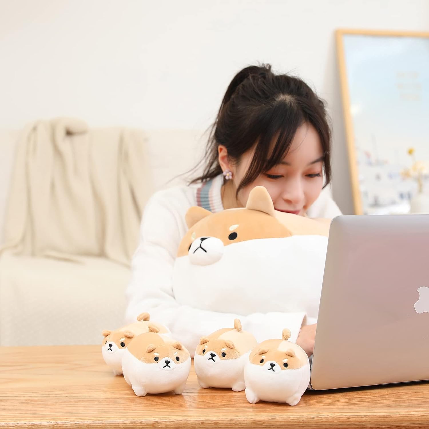 SQEQE Shiba Inu Plush Toy with 4 Zipper Baby Shiba Inu