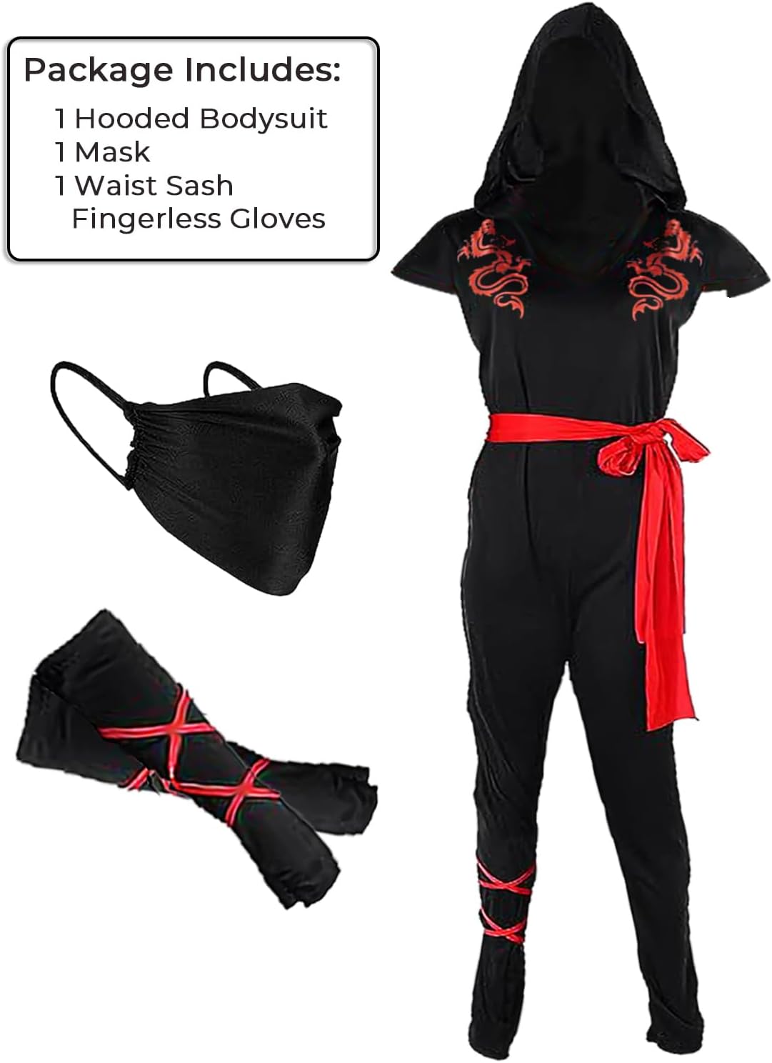 Black Red Dragon Fighter Ninja Costume for Women X-Large
